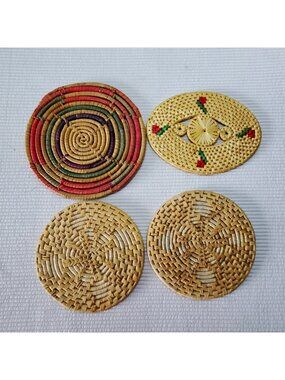 4 Vintage Raffia Rattan Trivets 8" Hot Plate Boho Multi Colour Wall Art Round
